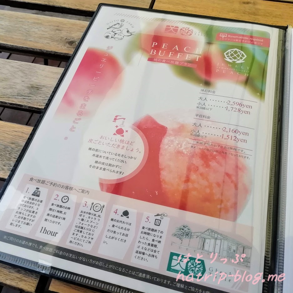 山梨 内藤農園 グリーンテーブルカフェ メニュー 桃の食べ放題プラン