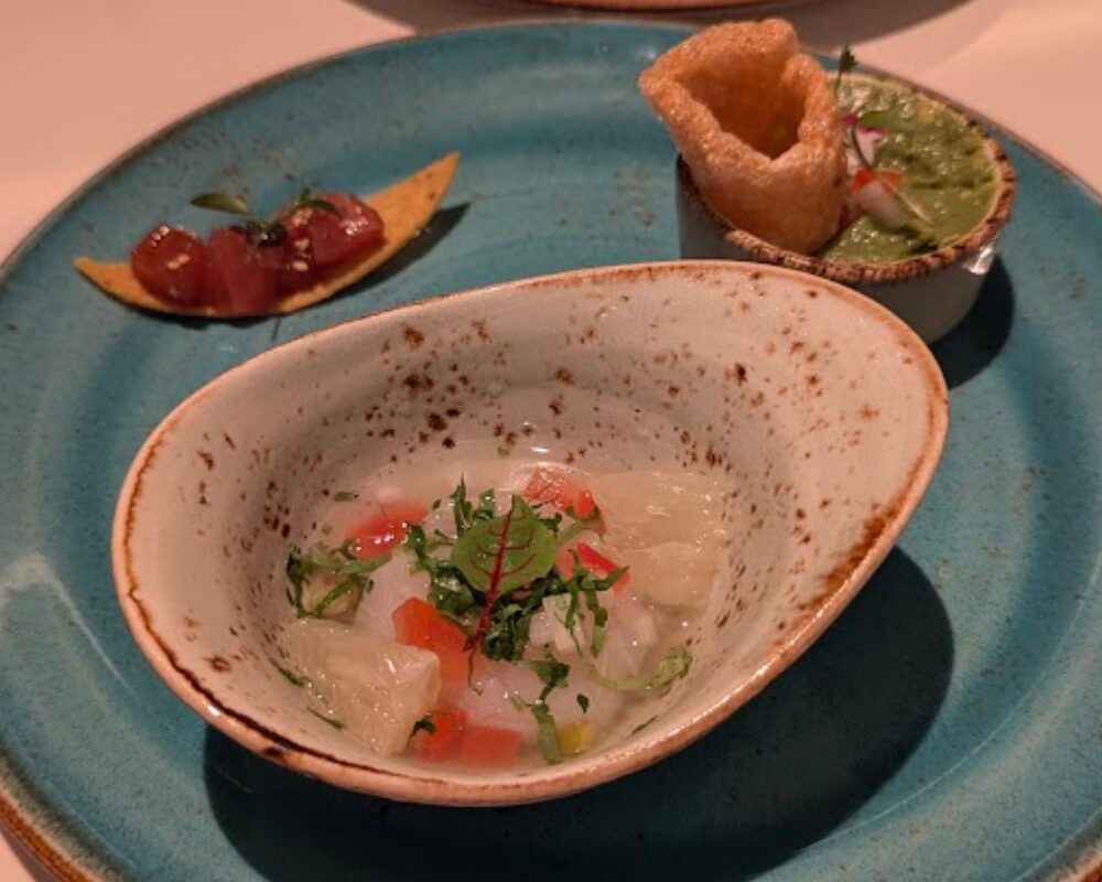 FONDA MEXICANA New York 銀座店 ワカモレ チチャロン、マグロとキャビアのトスターダ、季節のセビーチェ