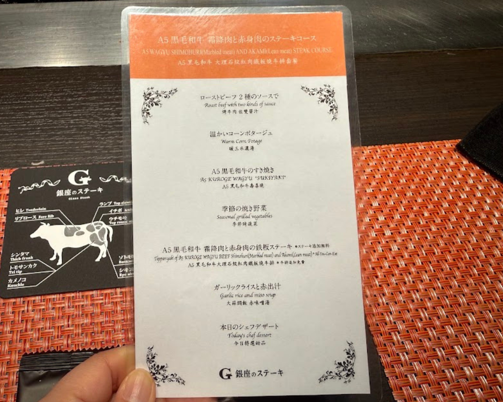 銀座のステーキ 銀座本店 メニュー A5黒毛和牛霜降肉と赤身肉のステーキコース
